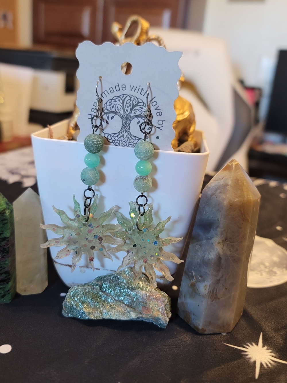 🔥3 For $20 Handmade Sunburst Dangle Green Crystal Earrings